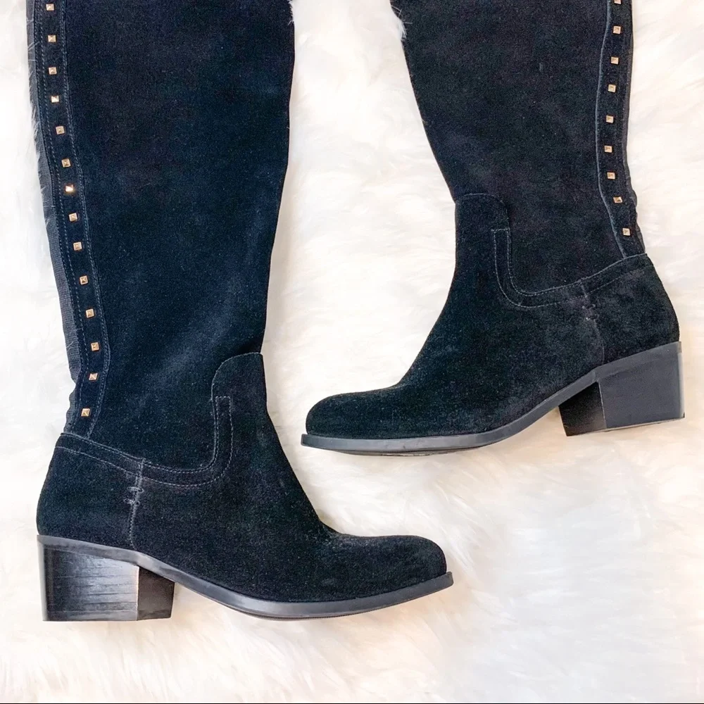 NWOT Vince Camuto Bashan Black Suede Leather Gold Studded Over-the-Knee Boots 6 - Picture 4 of 8
